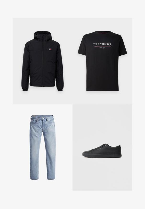 Must tume kapuutsiga talvejakk, millel on eesneede, elastsed mansetid ja väike ristkülikukujuline logo vasakul rinnal.; Must musta t-särk mustast puuvillast, millel on valge ja värviline "TOMMY HILFIGER" logo, mille all on väiksemas kirjas tekst "NEW YORK" ja "1985". Lühikesed varrukad, ümar kaelus.; Heledsinise denimist teksad sirge säärega, viie taskuga ja metallnupu kinnitusega. Riie on kergelt tuhmunud ja pehme tekstuuriga.; Tommy Hilfiger VULC LOW - Tossud - triple black