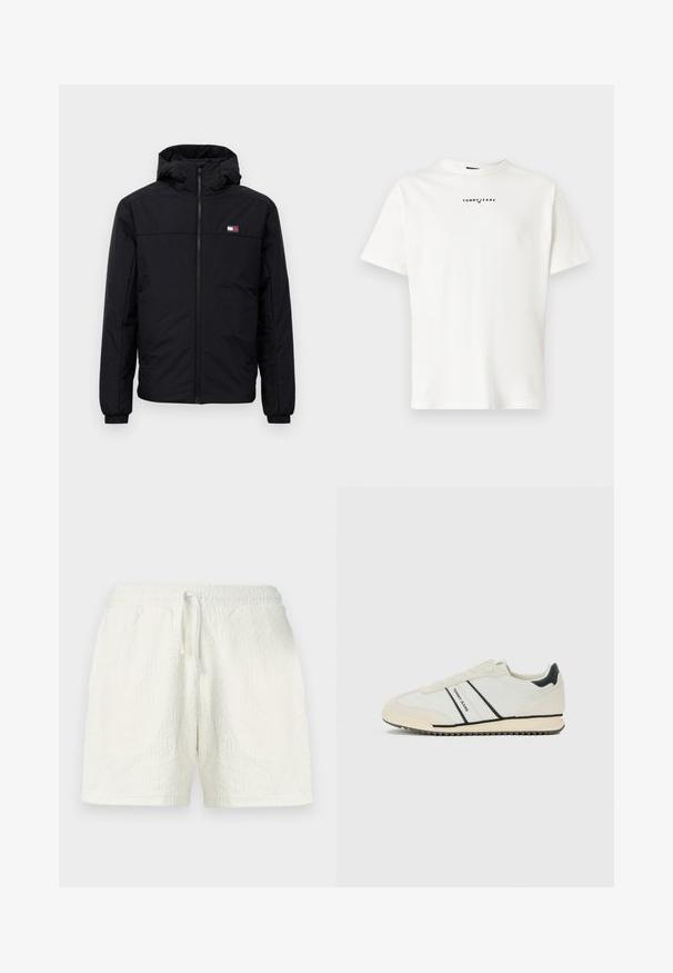 Chaqueta de invierno negra con capucha, cierre frontal, puños elásticos y pequeño logo rectangular en el lado izquierdo del pecho.; Camiseta de algodón blanca con cuello redondo y mangas cortas. En la parte frontal se muestra el logo en negro "TOMMY JEANS" centrado cerca del escote.; Pantalones cortos blancos hechos de tela texturizada con un patrón geométrico. Cintura elástica con cordón para un ajuste ajustable.; Zapatilla casual blanca con acentos negros y la marca "TOMMY JEANS" en el lateral, suela plana con fondo estriado y diseño de cordones.
