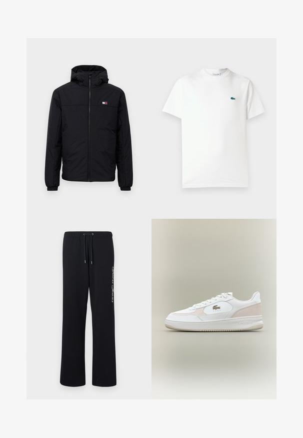 Veste d'hiver noire à capuche avec fermeture éclair à l'avant, poignets élastiques et petit logo rectangulaire sur la poitrine gauche.; T-shirt en coton blanc avec col rond, manches courtes et un petit logo de crocodile brodé en vert sur la poitrine gauche.; Pantalons de jogging noirs en matériau doux avec une taille élastique et un cordon de serrage. Présente un texte imprimé en blanc sur un côté.; Baskets blanches avec un dessus en cuir lisse, des accents en daim et une semelle en caoutchouc. Comprend un logo embossé et un design à lacets. Esthétique minimaliste.