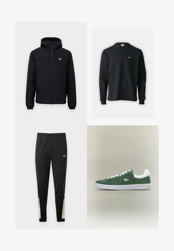 Sort hættejakke til vinter med frontlynlås, elastiske manchetter og lille rektangulært logo på venstre bryst.; Sort langærmet t-shirt lavet af bomuld, med rund halsudskæring og et lille grønt broderet krokodillelogo på venstre bryst.; Sorte sweatpants med grønne sidelstriber og beige detaljer ved manchetterne. Elastisk talje og Lacoste-logo på forsiden. Glat tekstur.; Lave profil grøn ruskinds sneaker med hvide snørebånd, hvid sål, polstret hælkoture og broderet krokodilleskud med teksten "EST. 1933".