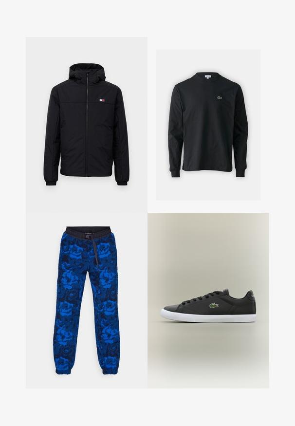 Black hooded winter jacket with front zipper, elastic cuffs, and small rectangular logo on the left chest.; Black long-sleeve t-shirt made of cotton, featuring a round neckline and a small green embroidered crocodile logo on the left chest.; Blue fleece joggers with a floral pattern, featuring a black elastic waistband and drawstring. Textured fabric with elastic cuffs at the ankles.; Black leather sneakers with white rubber sole, featuring a green crocodile logo and round laces, sleek design with smooth texture.