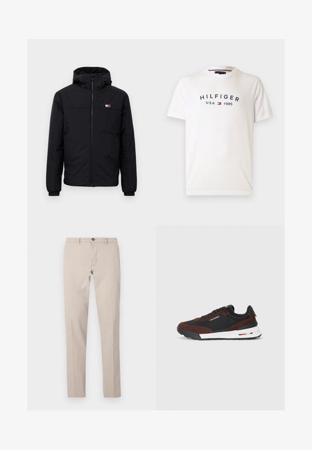Casaco de inverno preto com capuz, fecho frontal, punhos elásticos e pequeno logotipo retangular no lado esquerdo do peito.; T-shirt de algodão branca com decote redondo, mangas curtas e um logotipo central que diz "HILFIGER EUA 1985" em azul-marinho, com um emblema vermelho e azul.; Calças beige de corte justo com passadores para cinto, fecho de botão e zip frontal, apresentadas estendidas contra um fundo branco.; Tommy Hilfiger RETRO RUNNER MIX - Sapatilhas - black/cocoa