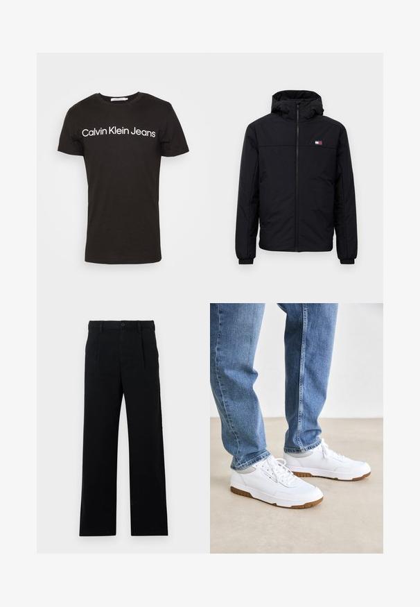 Juodas žiemos švarkas su gobtuvu, su priekiniais užtrauktukais, elastingais rankogaliais ir mažuoju stačiakampiu logotipu kairėje krūtinės pusėje.; Juodas medvilninis marškinėliai su apvalia kaklo linija ir trumpomis rankovėmis; ant krūtinės balta "Calvin Klein Jeans" logotipas.; Juodos pritaikytos kelnės, pagamintos iš medvilnės; turi plokščią priekį, matomas siūles ir tiesaus silueto kirpimą. Mygtuko užsegimas juosmens srityje.; Balti sportiniai bateliai su tekstūruota oda ir guminiu padu, turi pilkas akcentus ir raiščius. Nešiojami su mėlynomis džinsinėmis kelnėmis.