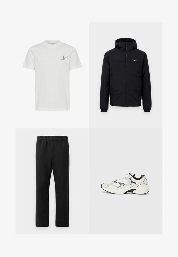 Svart huva vinterjacka med framdragkedja, elastiska ärmar och liten rektangulär logotyp på vänster bröst.; Vit bomullströja med rund hals och korta ärmar. Har en marinblå grafisk logotyp och text på vänster bröst.; Svarta elastiska midjebyxor med knappstängning, rak bendesign och sidofickor, visade på en vit bakgrund.; Vita sportskor i vitt med svarta detaljer, med en ovandel av mesh, dämpad sula och geometriska designelement. Märkeslogotyp på sidan.