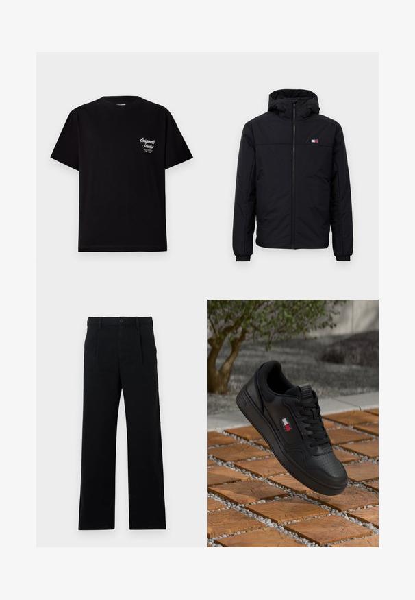 Črna zimska jakna s kapuco, sprednjim zadrgo, elastičnimi manšetami in majhnim pravokotnim logotipom na levem prsnem delu.; Črna majica s kratkimi rokavi iz bombaža. Ima majhen bel logotip na levi strani prsnega koša. Oblikovana je s krožnim ovratnikom, običajna prileganja.; Črne krojene hlače iz bombaža; imajo ravno sprednjo stran, vidne šive in kroj s pravimi hlačnicami. Gumbasto zapiranje na pasu.; Črne usnjene teniske z perforirano kapico za prste in teksturiranimi detajli. Imajo majhen logo v rdeči, beli in modri barvi na strani.