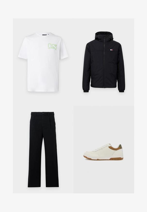 Black hooded winter jacket with front zipper, elastic cuffs, and small rectangular logo on the left chest.; White cotton t-shirt featuring a small green "LS" logo on the left chest area. Classic crew neck and short sleeves.; Black tailored pants made from cotton; features a flat front, visible stitched seams, and a straight-leg cut. Button closure at waistband.; Tommy Hilfiger BASKET CORE - Trainers - ecru/army green
