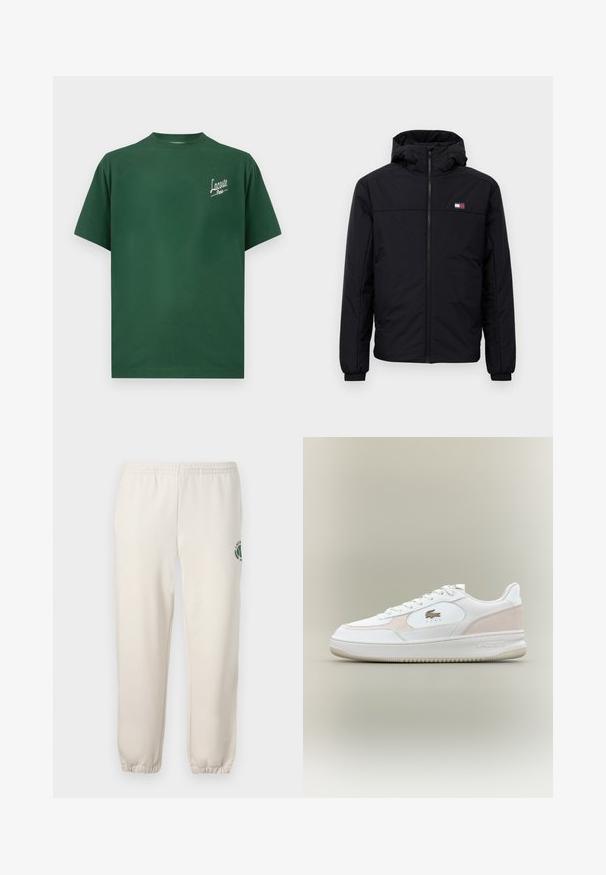 Melnas kapuces ziemas jaka ar priekšējo rāvējslēdzēju, elastīgām aprocēm un mazu taisnstūrveida logo kreisajā krūtīs.; Zaļš kokvilnas T-krekls ar apaļu kakla izgriezumu, īsām piedurknēm un baltu "Lacoste Paris" tekstu logotipu kreisajā krūšu daļā.; Gaiši bēši kokvilnas sporta bikses ar elastīgu jostu, ribotām apakšmalām un zaļu logotipu ar lapu dizainu kreisajā kājā.; Baltas sporta apavi ar gludu ādas augšdaļu, zamšādas akcentiem un gumijas zoli. Iekļauti izsistā logo un saistāmais dizains. Minimalistisks estētika.