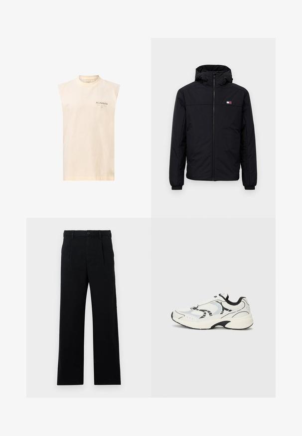 Črna zimska jakna s kapuco, sprednjim zadrgo, elastičnimi manšetami in majhnim pravokotnim logotipom na levem prsnem delu.; Kremna brezrokavna bombažna majica s krožnim izrezom. Ima diskreten logotip v temno zeleni barvi na levem prsnem predelu. Gladka tekstura.; Črne krojene hlače iz bombaža; imajo ravno sprednjo stran, vidne šive in kroj s pravimi hlačnicami. Gumbasto zapiranje na pasu.; Bele športne teniske v beli barvi z črnimi poudarki, z mrežastim zgornjim delom, oblazinjenim podplatom in geometrijskimi oblikovalskimi elementi. Logotip blagovne znamke na strani.