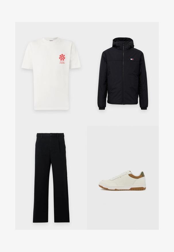 Svart hettejakke for vinteren med frontglidelås, elastiske mansjetter og en liten rektangulær logo på venstre bryst.; Hvit bomulls T-skjorte med et rødt grafisk blomstermotiv på venstre bryst og teksten "de nye originalene" nedenfor. Korte ermer, rund hals.; Sorte skreddersydde bukser laget av bomull; har flat front, synlige sømmer, og rett benkutt. Knapplukking i midjen.; Tommy Hilfiger BASKET CORE - Joggesko - ecru/army green