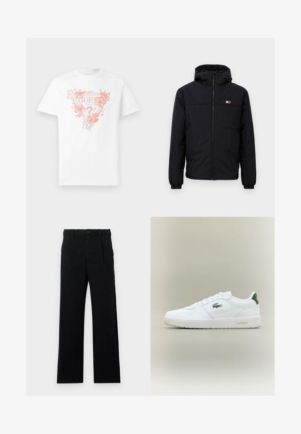 Casaco de inverno preto com capuz, fecho frontal, punhos elásticos e pequeno logotipo retangular no lado esquerdo do peito.; T-shirt branca de algodão com um logotipo triangular com detalhes florais em coral e ouro. Mangas curtas e decote redondo.; Calças pretas ajustadas feitas de algodão; possuem frente plana, costuras visíveis e um corte reto. Fecho com botão na cintura.; Sapatilha de couro branca com um acabamento suave, detalhes verdes no calcanhar e um logótipo verde na lateral. Apresenta sola plana e bico redondo.