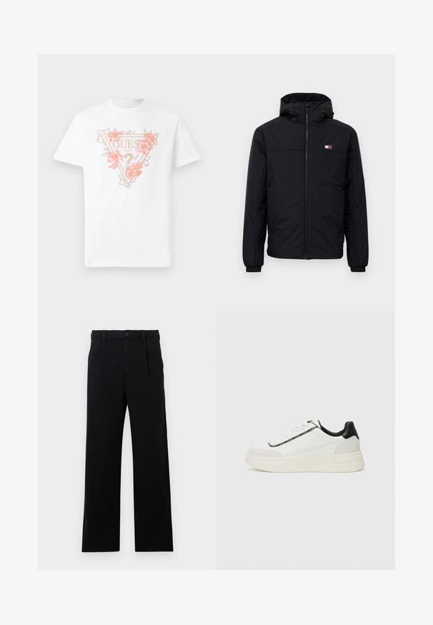 Fekete kapucnis télikabát elülső cipzárral, rugalmas mandzsettákkal és kis téglalap alakú logóval a bal mellen.; Fehér pamut póló, háromszög alakú logóval, korall és arany virágmintákkal. Rövid ujjú és kerek nyakkivágású.; Fekete, pamutból készült nyírt nadrág; lapos elülső rész, látható varrások, és egyenes szárú fazon jellemzi. Gombos záródás a derékrészen.; Fehér tornacipő fekete bőrfelületekkel, texturált talppal, fűzőkkel és logós sávval az oldalon. Simító és velúr felülete van.