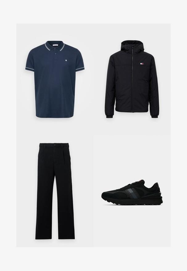 Giacca invernale nera con cappuccio, chiusura frontale a zip, polsini elastici e piccolo logo rettangolare sul lato sinistro del petto.; Polo blu navy realizzato in tessuto testurizzato, con un colletto classico, tre bottoni e rifiniture bianche sulle maniche e sul colletto. Piccolo logo sul petto.; Pantaloni neri su misura realizzati in cotone; presentano una vita piatta, cuciture visibili e una vestibilità dritta. Chiusura con bottone in vita.; Scarpe sportive nere realizzate in materiali mesh e suede, con una suola spessa, accentuate da un logo e un dettaglio a striscia grigia sul lato.