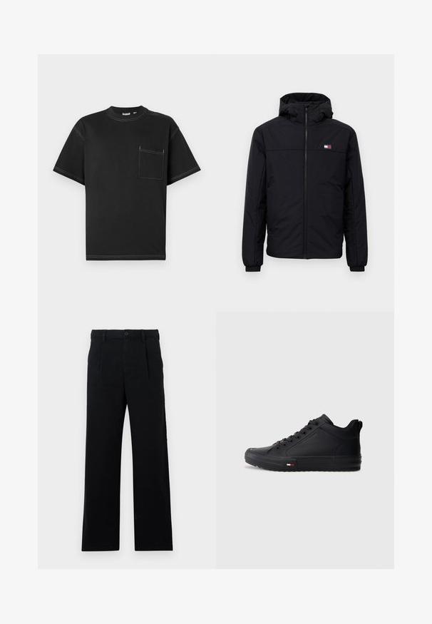 Black hooded winter jacket with front zipper, elastic cuffs, and small rectangular logo on the left chest.; Black short-sleeve T-shirt made of cotton featuring a left chest pocket, contrasting white stitching, and a crew neckline.; Black tailored pants made from cotton; features a flat front, visible stitched seams, and a straight-leg cut. Button closure at waistband.; Black high-top sneakers with a smooth synthetic upper, round toe, flat sole, and a small red, white, and blue accent on the side.