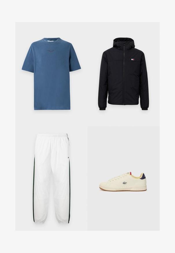 Mustat hupullinen talvitakki, jossa on etuvetoketju, elastiset hihansuut ja pieni suorakulmainen logo vasemmassa rinnassa.; Sininen puuvillapaita, jossa on pyöreä kaula-aukko, lyhyet hihat ja hillitty teksti tummemmissa sävyissä. Yksinkertainen, rento malli, ilman kuvioita.; Valkoiset urheiluhousut tummanvihreillä sivupaneeleilla. Kevyt materiaali, joustava vyötärö ja resorit. Sivupaneeleissa on verkkotyyppinen tekstuuri.; Lacoste-tennari vaaleassa nahassa, jossa on tekstuuripinta. Varustettu kumipohjalla, nauhaketjulla, tummansinisen kantapään ja brodeeratun logon kanssa.