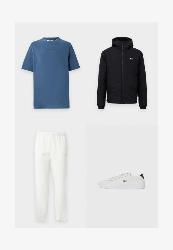 Black hooded winter jacket with front zipper, elastic cuffs, and small rectangular logo on the left chest.; Blue cotton t-shirt with a crew neckline, short sleeves, and subtle text design in darker shades. Simple, relaxed fit, no patterns.; White cotton sweatpants with an elastic waistband and tapered legs. Features a small logo detail on the side. Soft texture, minimal design.; White leather sneaker with round toe, lace-up front, and black heel accent. Features a small embroidered crocodile logo on the side.