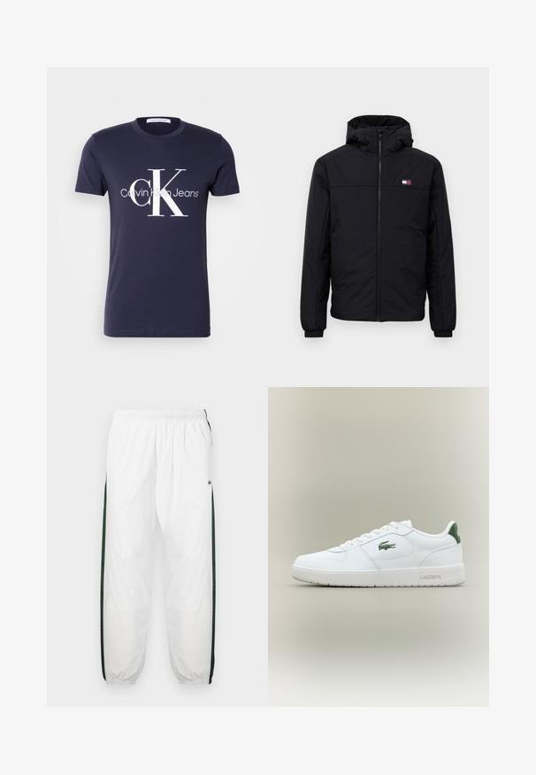Must tume kapuutsiga talvejakk, millel on eesneede, elastsed mansetid ja väike ristkülikukujuline logo vasakul rinnal.; Tumed sinine puuvillane T-särk lühikeste varrukatega, millel on suur valge "CK" logo ja "Calvin Klein Jeans" tekst. Sile tekstuur, klassikaline lõige.; Valged sportpüksid tumeroheline külgpanelitega. Kerge materjal, elastne vöökoht ja mansetid. Külgpanelitel on võrkmuster.; Valge nahkne spordijalats sujuva viimistlusega, rohelised aktsendid kanna peal ja roheline logo küljel. Omab lamedat tallat ja ümmargust varvast.