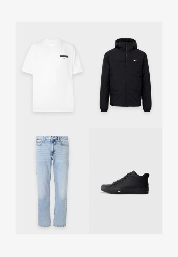 Schwarze Winterjacke mit Kapuze, Frontreißverschluss, elastischen Bündchen und kleinem rechteckigen Logo auf der linken Brust.; Weißes Baumwoll-T-Shirt mit Rundhalsausschnitt, kurzen Ärmeln und einem minimalistischen schwarzen Grafikdruck auf der Brust. Weiche Textur und normale Passform.; Hellblaue Jeans aus Denim mit geradem Bein, fünf Taschen, Knopf- und Reißverschluss und dezenten Ausbleichungen im Stoff.; Schwarze High-Top-Sneaker mit glattem, synthetischem Obermaterial, rundem Zeh, flacher Sohle und einem kleinen rot-weiß-blauen Akzent an der Seite.