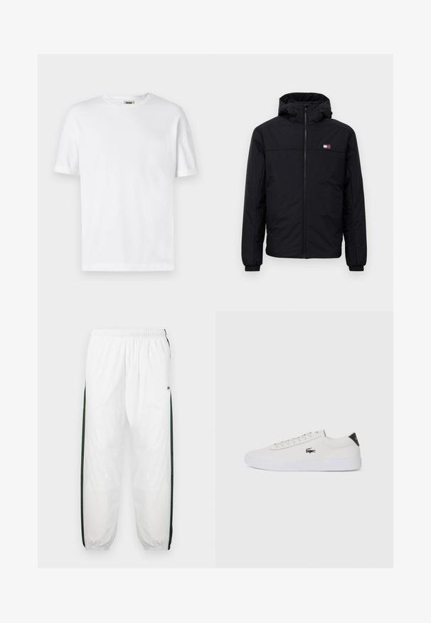 Sort hættejakke til vinter med frontlynlås, elastiske manchetter og lille rektangulært logo på venstre bryst.; Hvid bomulds T-shirt med rund hals, korte ærmer og oprevet manchetter; enkel design, blød tekstur og lige snit.; Hvide træningsbukser med mørkegrønne sidelæg. Letvægtsmateriale, elastisk talje og manchetter ved benene. Har mesh-struktur på sidelæggene.; Hvide lædersneakers med rund tå, snørebånd foran og sort hælaccent. Har et lille broderet krokodillelogo på siden.