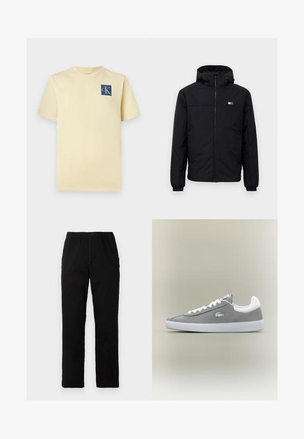 Juodas žiemos švarkas su gobtuvu, su priekiniais užtrauktukais, elastingais rankogaliais ir mažuoju stačiakampiu logotipu kairėje krūtinės pusėje.; Trumpas rankovėmis geltonas medvilninis marškinėliai su mėlynu kvadratiniu logotipu "cK" kairėje krūtinės pusėje. Klasikinis apvalus kaklo dizainas.; Juodi kelnės, pagamintos iš medvilnės mišinio, su tiesiomis kirpimo linijomis, elastingu liemeniu su mygtuku ir be aiškių raštų ar akcentų.; Pilkšvi zomšiniai sportbačiai su balta guma, raištelių uždaromas, su išsiuvinėtu logotipu šone. Minimalistinis dizainas su klasikinėmis formomis.
