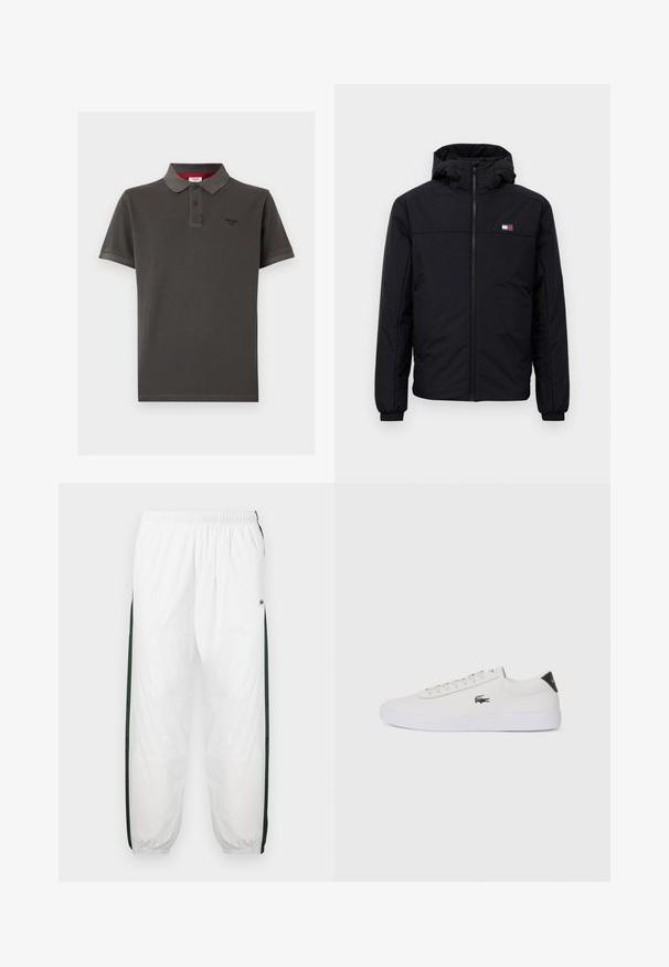 Svart hettejakke for vinteren med frontglidelås, elastiske mansjetter og en liten rektangulær logo på venstre bryst.; Mørkegrå poloskjorte laget av bomull, med klassisk krage, to-knaps placket, korte ermer og en liten logo på brystet.; Hvite joggebukser med mørkegrønne sidelommer. Lett materiale, elastisk midje og mansjetter ved buksebenene. Har mesh-struktur på sidene.; Hvit lær sneakers med rund tå, snøring foran og svart hælakkent. Har en liten brodert krokodillelogo på siden.