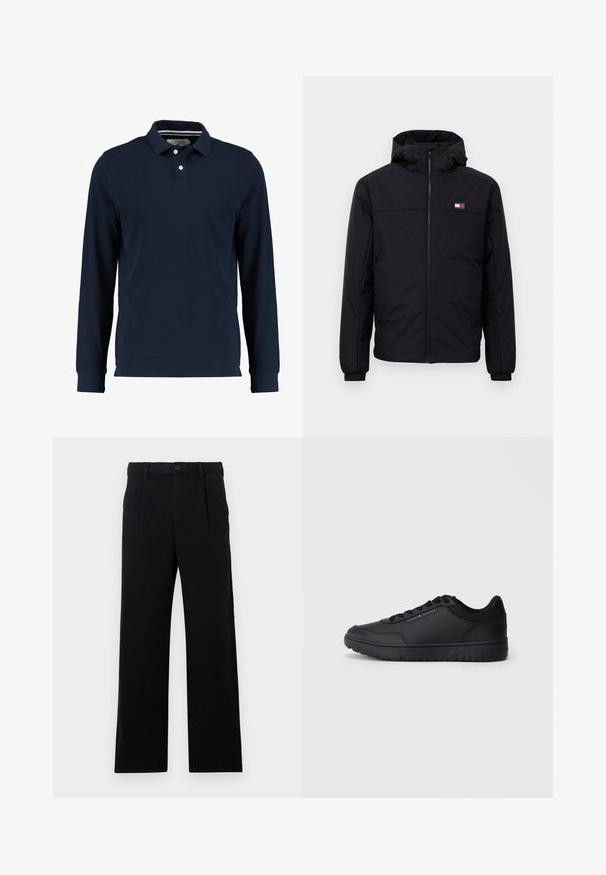 Black hooded winter jacket with front zipper, elastic cuffs, and small rectangular logo on the left chest.; Navy long-sleeve polo shirt made of cotton, featuring a classic collar, two-button placket, and a smooth texture.; Black tailored pants made from cotton; features a flat front, visible stitched seams, and a straight-leg cut. Button closure at waistband.; Black athletic shoe featuring smooth synthetic material, round toe, perforated accents, laced design, and a textured rubber outsole.