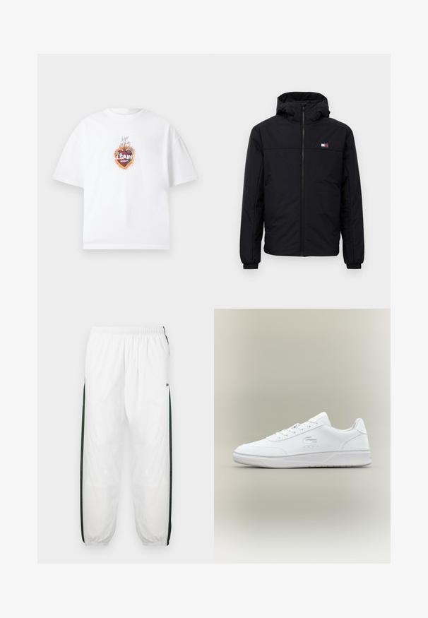 Svart hettejakke for vinteren med frontglidelås, elastiske mansjetter og en liten rektangulær logo på venstre bryst.; Hvit oversized T-skjorte med et fargerikt hellig hjerte-grafikk og teksten "AllSaints London" sentrert på brystet.; Hvite joggebukser med mørkegrønne sidelommer. Lett materiale, elastisk midje og mansjetter ved buksebenene. Har mesh-struktur på sidene.; Hvite lær sneakers med rund tå, snøring og lav profil såle. Har perforerte detaljer og preget logo.