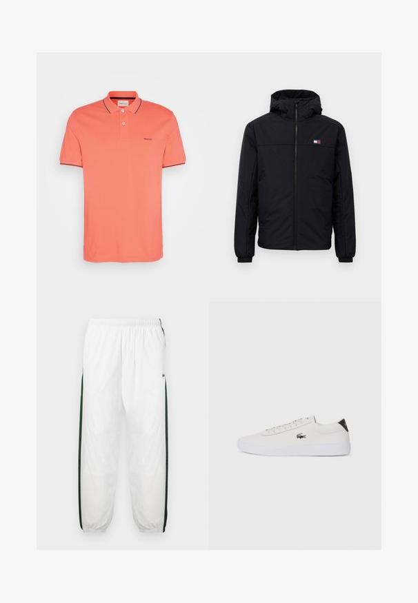 Mustat hupullinen talvitakki, jossa on etuvetoketju, elastiset hihansuut ja pieni suorakulmainen logo vasemmassa rinnassa.; Koralli polo paita, joka on valmistettu puuvillasta, klassisella kaula-aukolla, lyhyillä hihoilla ja laivaston sinisillä yksityiskohdilla kauluksessa ja hihojen resoreissa. GANT-logo rinnassa.; Valkoiset urheiluhousut tummanvihreillä sivupaneeleilla. Kevyt materiaali, joustava vyötärö ja resorit. Sivupaneeleissa on verkkotyyppinen tekstuuri.; Valkoinen nahkakenkä pyöreällä varvalla, nauhakiinnitys edessä ja musta kantapään korostus. Sivussa pieni brodyoitu krokotiililogo.