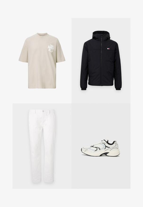 Črna zimska jakna s kapuco, sprednjim zadrgo, elastičnimi manšetami in majhnim pravokotnim logotipom na levem prsnem delu.; Bež majica s kratkimi rokavi v velikem kroju z belim abstraktnim logotipom na levi strani prsnega dela.; Beli bombažne hlače s ravnim krojem, ki imajo zapenjanje na gumb, pasne zanke in brez vidnih vzorcev ali poudarkov.; Bele športne teniske v beli barvi z črnimi poudarki, z mrežastim zgornjim delom, oblazinjenim podplatom in geometrijskimi oblikovalskimi elementi. Logotip blagovne znamke na strani.