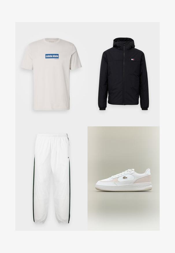 Black hooded winter jacket with front zipper, elastic cuffs, and small rectangular logo on the left chest.; White cotton t-shirt featuring a blue rectangular logo with "calvin klein" and "new york city" in white text on the front. Classic fit.; White track pants with dark green side panels. Lightweight material, elastic waistband, and cuffed hems. Features mesh texture on side panels.; White sneakers with smooth leather upper, suede accents, and rubber sole. Features embossed logo and lace-up design. Minimalist aesthetic.