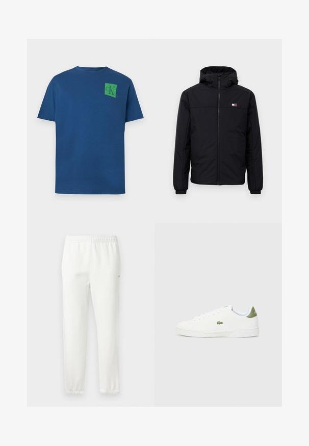 Casaco de inverno preto com capuz, fecho frontal, punhos elásticos e pequeno logotipo retangular no lado esquerdo do peito.; T-shirt de algodão azul com decote redondo, mangas curtas e logótipo quadrado verde com o design "cK" no lado superior esquerdo do peito.; Calças de algodão brancas com cintura elástica e pernas ajustadas. Apresenta um pequeno detalhe de logótipo na lateral. Textura suave, design minimalista.; Tênis brancos com uma textura suave, apresentando um detalhe verde no calcanhar e um pequeno logotipo de crocodilo bordado na lateral.
