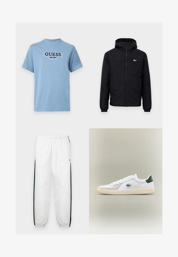 Juodas žiemos švarkas su gobtuvu, su priekiniais užtrauktukais, elastingais rankogaliais ir mažuoju stačiakampiu logotipu kairėje krūtinės pusėje.; Šviesiai mėlynas medvilninis marškinėliai su apvaliu iškirpimu ir trumpomis rankovėmis, ant priekinės dalies turintis spausdintą "GUESS EST. 1981" logotipą juodos ir baltos spalvų.; Baltos treniruočių kelnės su tamsiai žaliais šonų juostelėmis. Lengva medžiaga, elastinga juosmens juosta ir apASPIRUOTI rankogaliai. Šonų juostelėse yra tinklelio tekstūra.; Baltos sportbačiai su žaliais akcentais, pagaminti iš zomšos ir odos, su apvaliu nose, tekstūruotu padu ir siuvinėtu logotipu šone bei ant liežuvio.
