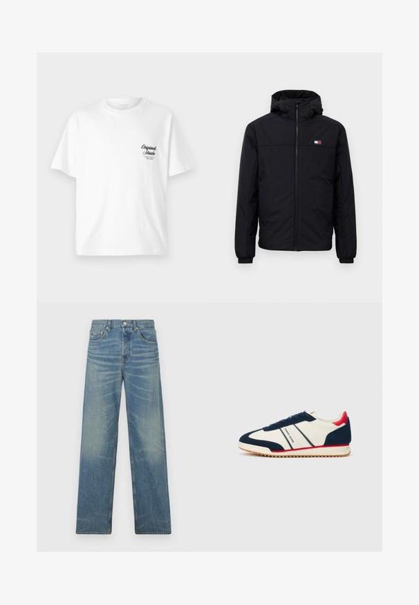 Čierna zimná bunda s kapucňou a predným zipsom, elastické manžety a malý obdĺžnikový logo na ľavej hrudi.; Biela bavlnená tričko s okrúhlym výstrihom, krátkymi rukávmi a čiernym potlačeným logom na ľavej hrudi, s retro písmom.; Modré rovné džínsy s vyblednutým praním, miernymi škvrnami od farby, predným gombíkom a dizajnom s piatimi vreckami na bielom pozadí.; Biele tenisky s námorníckymi modrými a červenými akcentmi, textúrovanou podrážkou, šnurovacím dizajnom a brandingom "Tommy Jeans" na boku.