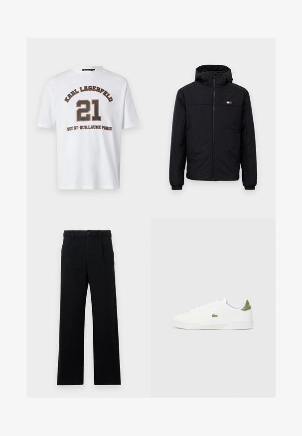 Casaco de inverno preto com capuz, fecho frontal, punhos elásticos e pequeno logotipo retangular no lado esquerdo do peito.; T-shirt de algodão branco com texto em negrito nas cores preto e castanho que diz "KARL LAGERFELD 21 RUE ST-GUILLAUME PARIS" em um design desportivo.; Calças pretas ajustadas feitas de algodão; possuem frente plana, costuras visíveis e um corte reto. Fecho com botão na cintura.; Tênis brancos com uma textura suave, apresentando um detalhe verde no calcanhar e um pequeno logotipo de crocodilo bordado na lateral.