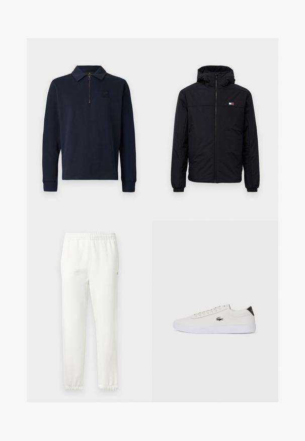 Juodas žiemos švarkas su gobtuvu, su priekiniais užtrauktukais, elastingais rankogaliais ir mažuoju stačiakampiu logotipu kairėje krūtinės pusėje.; Tamsiai mėlynas ilgomis rankovėmis polo marškinėliai su pusiau užtrauktuku ir maža logotipo aplikacija kairėje krūtinės pusėje.; Baltos medvilnės sportinės kelnės su elastingu juosmeniu ir siaurėjančiomis kojomis. Šone yra nedidelis logotipo detalė. Minkšta struktūra, minimalus dizainas.; Balti odiniai sportbačiai su apvalia nosimi, raištelių užsegimu priekyje ir juodu akcentu ant kulno. Šone yra mažas išsiuvinėtas krokodilo logotipas.