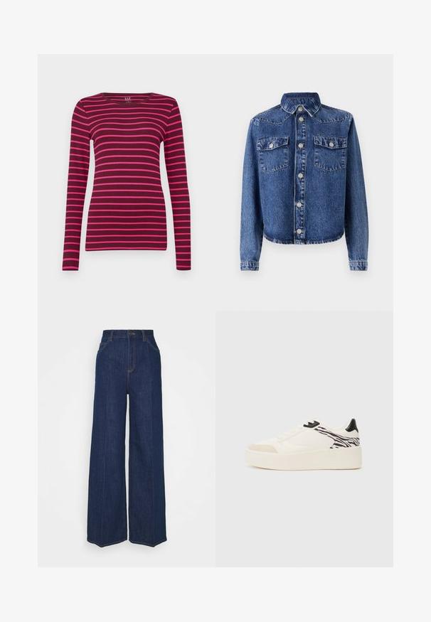 Denim jacket in dark blue, featuring a pointed collar, two chest pockets, silver-button closures, and long sleeves with buttoned cuffs.; GAP CREW - Long sleeved top - burgundy; High-waist wide-leg dark blue denim jeans with front and back pockets, button closure, and visible stitching details.; Even&Odd Trainers - white/black