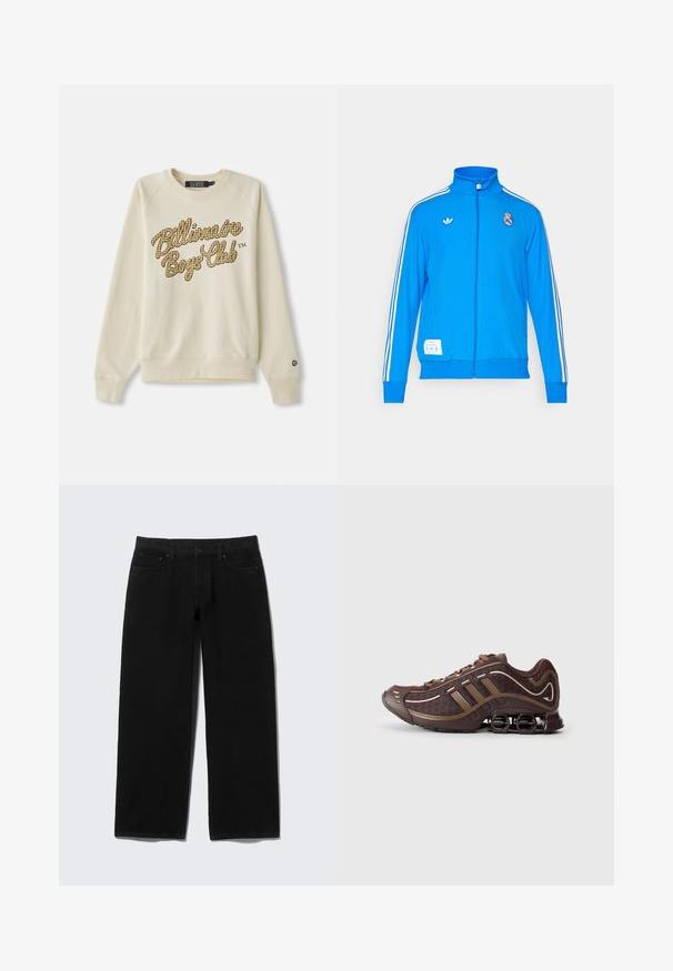 adidas Originals REAL MADRID ICON TRACK TOP - Klub merchandise - bluebird/white; Creme crewneck sweatshirt med lange ærmer, prydet med gul og brun ternet "Billionaire Boys Club" tekst på brystet.; Sorte jeans med vide ben lavet af denim med fem lommer, lynlås foran og kontrasterende syningsdetaljer.; Brun atletisk sko med mesh og syntetisk overdel, prydet med tre striber, detaljeret syning, polstret sål og karakteristisk fjederagtig hæl.