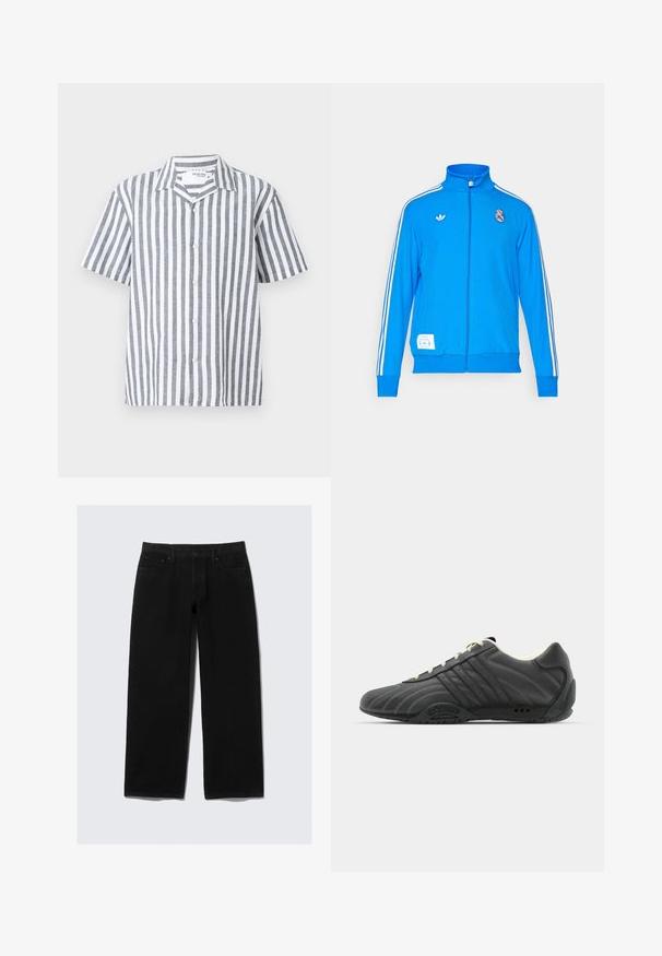 adidas Originals REAL MADRID ICON TRACK TOP - Sporto klubų atributika - bluebird/white; Lininė marškinė su trumomis rankovėmis, pilkos ir baltos vertikalios juostelės, mygtukų uždarymas priekyje ir smailus apykaklė. Lengvas audinys su lygiu paviršiumi.; Juodi plačios kojos džinsai, pagaminti iš džinsinio audinio. Su klasikinėmis penkių kišenių dizainu, mygtuko ir užtrauktuko uždarymu, taip pat sustiprinta siūlė.; adidas Originals ADIRACER UNISEX - Sportbačiai - core black/cream white