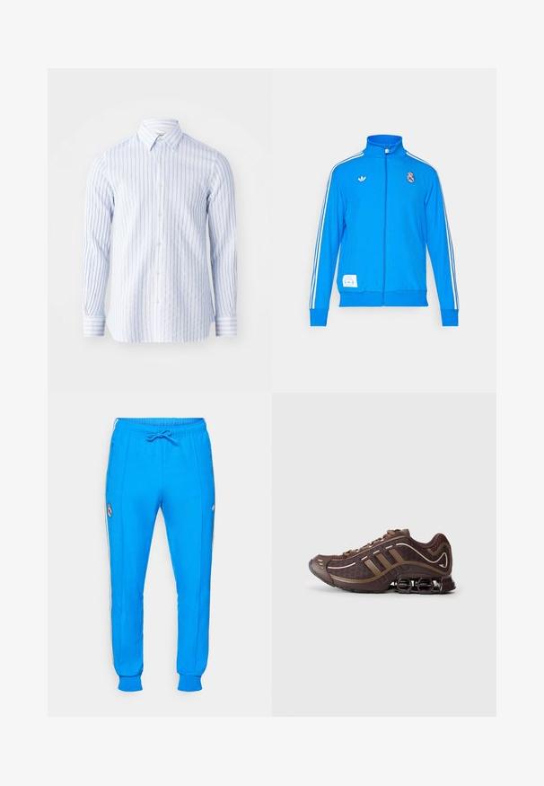 adidas Originals REAL MADRID ICON TRACK TOP - Klupska odjeća - bluebird/white; Prugasta košulja s dugim rukavima u svijetloplavoj i bijeloj boji, s ovratnikom i dugim rukavima s dugmadi na manžetama. Lagani pamučni materijal.; adidas Originals REAL MADRID ICON TRACK PANT - Klupska odjeća - bluebird/white; Smešane smeđe atletske tenisice s mrežastim i sintetičkim gornjim dijelom, s tri pruge, detaljnim šavovima, udobnom potplatom i karakterističnom elastičnom petom.