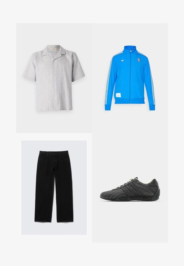 adidas Originals REAL MADRID ICON TRACK TOP - Club wear - bluebird/white; Short-sleeve button-up shirt in light blue and white striped linen. Features a classic collar and a straight hem, with five buttons down the front.; Black wide-leg jeans made of denim. Features a classic five-pocket design, button and zipper fly, and reinforced stitching.; adidas Originals ADIRACER UNISEX - Trainers - core black/cream white