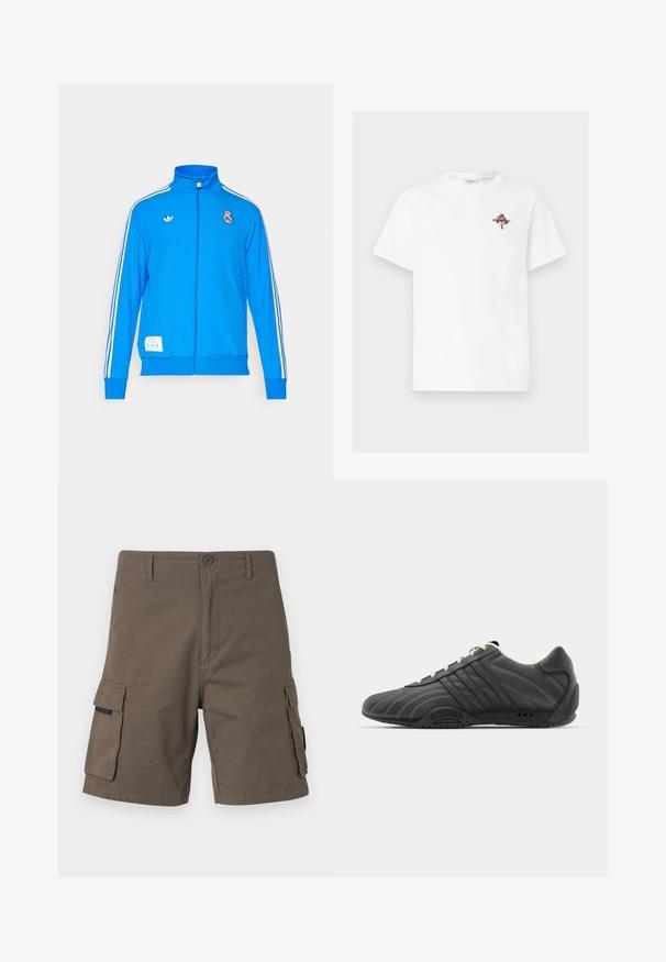 adidas Originals REAL MADRID ICON TRACK TOP - Klubiriided - bluebird/white; Valge puuvillane T-särk, millel on väike, värvikas lille- ja tekstigraafika vasakul rinnapiiril. Ümmargune kaelus ja lühikesed varrukad.; Oliivrohelised kabiinipüksid, valmistatud puuvillast, kahel külgpocketil, nööbiga kinnitusega ja sirge sääre disainiga.; adidas Originals ADIRACER UNISEX - Tossud - core black/cream white