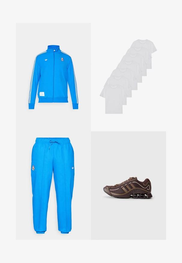 adidas Originals REAL MADRID ICON TRACK TOP - Roupa de discoteca - bluebird/white; T-shirts brancos de algodão, mangas curtas, design de gola redonda, com textura lisa, empilhados em fila, com uma marcação subtil na gola.; Calças de treino azuis com cintura elástica e cordão. Apresentam o logótipo do Real Madrid e o trevo da Adidas nas laterais. Punhos nas extremidades das pernas.; Sapatilha atlética castanha com upper em malha e sintético, apresentando três riscas, costura detalhada, sola acolchoada e um salto característico com molas.