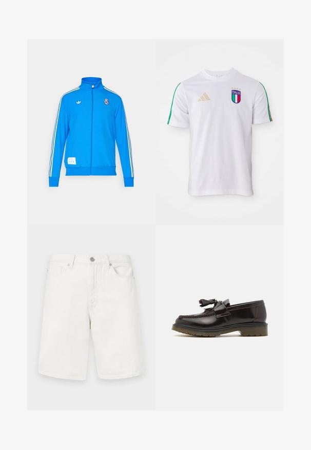 adidas Originals REAL MADRID ICON TRACK TOP - Sporto klubų atributika - bluebird/white; Balta futbolo marškinėliai su žaliais ir raudonais peties dryželiais, su daugiakompleksiu Italijos herbu ir aukso spalvos "adidas" logotipu. Trumpomis rankovėmis, apvaliu kaklu.; Baltos džinsinės šortai su tiesiu siluetu, turintys priekinę kišenę, juosmens juostą su kilpos ir metalinę mygtuko užsegimą. Lygus paviršius.; Rudi odiniai loafers su pynimo ornamentu, turintys pompom detalę ir plokščią guminę padą. Išskirtinis sklandus paviršius su kontrastingais siūlais.