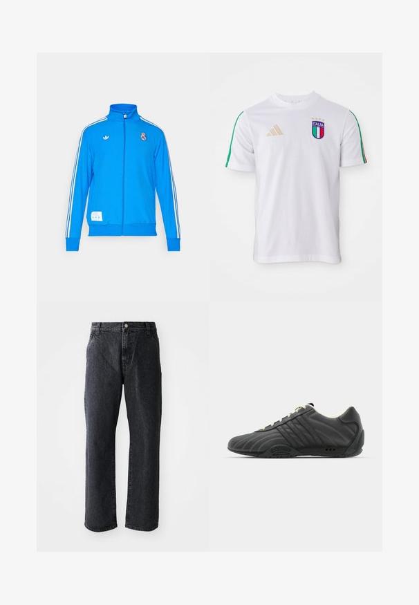 adidas Originals REAL MADRID ICON TRACK TOP - Article de supporter d'équipe de club - bluebird/white; Maillot de football blanc avec des rayures vertes et rouges sur les épaules, présentant un écusson Italia multicolore et un logo adidas doré. Manches courtes, col rond.; Jeans en denim noir à coupe droite, avec une fermeture à bouton, cinq poches et une texture subtile. Design classique sans motifs proéminents.; adidas Originals ADIRACER UNISEX - Baskets basses - core black/cream white