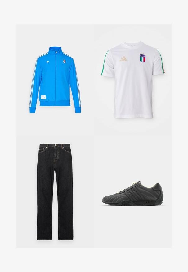 adidas Originals REAL MADRID ICON TRACK TOP - Fanartikel - bluebird/white; Witte voetbaltenue met groene en rode schouderstrepen, voorzien van een meerkleurig Italiaans embleem en een gouden adidas-logo. Korte mouwen, ronde hals.; Zwarte denim jeans met een rechte pasvorm, voorzien van een knoopsluiting, vijf zakken en subtiele stiksels langs de naden.; adidas Originals ADIRACER UNISEX - Sneakers laag - core black/cream white