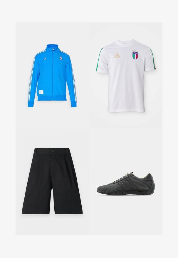 adidas Originals REAL MADRID ICON TRACK TOP - Klub merchandise - bluebird/white; Hvid fodboldtrøje med grønne og røde skulderstriber, der har et flerfarvet Italia-logo og et gyldent adidas-logo. Korte ærmer, rund hals.; Sorte shorts lavet af bomuld, med lige snit, plisseringer, en knaplukning og en glat tekstur. Ingen synlige mønstre eller detaljer.; adidas Originals ADIRACER UNISEX - Sneakers - core black/cream white