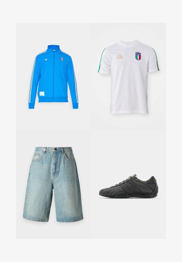 adidas Originals REAL MADRID ICON TRACK TOP - Klubruházat - bluebird/white; Fehér focimez zöld és piros vállcsíkokkal, színes Italia címerrel és arany adidas logóval. Rövid ujjú, kerek nyakú.; Világoskék denim rövidnadrág, laza fazonnal, elülső zsebekkel, gombos záródással és kopott mosással, finom gyűrődésekkel.; adidas Originals ADIRACER UNISEX - Sportcipő - core black/cream white