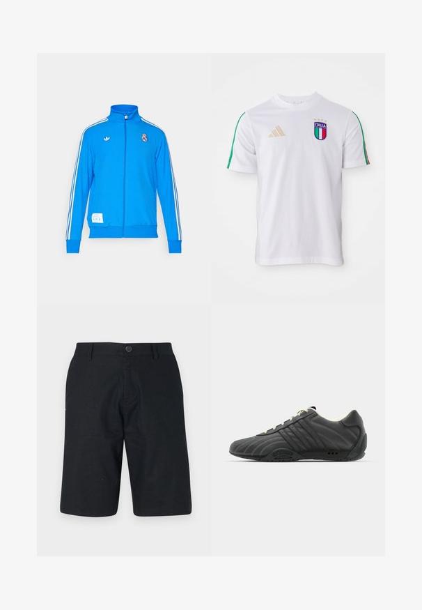 adidas Originals REAL MADRID ICON TRACK TOP - Klubska moštva - bluebird/white; Bela nogometna majica z zelenimi in rdečimi ramenskimi črtami, z večbarvnim grbom Italije in zlatim logotipom adidas. Kratke rokave, okrogla ovratnica.; Črne kratke hlače iz lahkega materiala, s pravim krojem, enim gumbom za zapiranje in čistim robom brez vidnih vzorcev.; adidas Originals ADIRACER UNISEX - Športni copati - core black/cream white