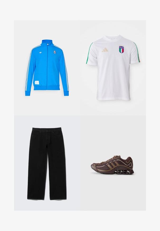 adidas Originals REAL MADRID ICON TRACK TOP - Klub merchandise - bluebird/white; Hvid fodboldtrøje med grønne og røde skulderstriber, der har et flerfarvet Italia-logo og et gyldent adidas-logo. Korte ærmer, rund hals.; Sorte jeans med vide ben lavet af denim med fem lommer, lynlås foran og kontrasterende syningsdetaljer.; Brun atletisk sko med mesh og syntetisk overdel, prydet med tre striber, detaljeret syning, polstret sål og karakteristisk fjederagtig hæl.