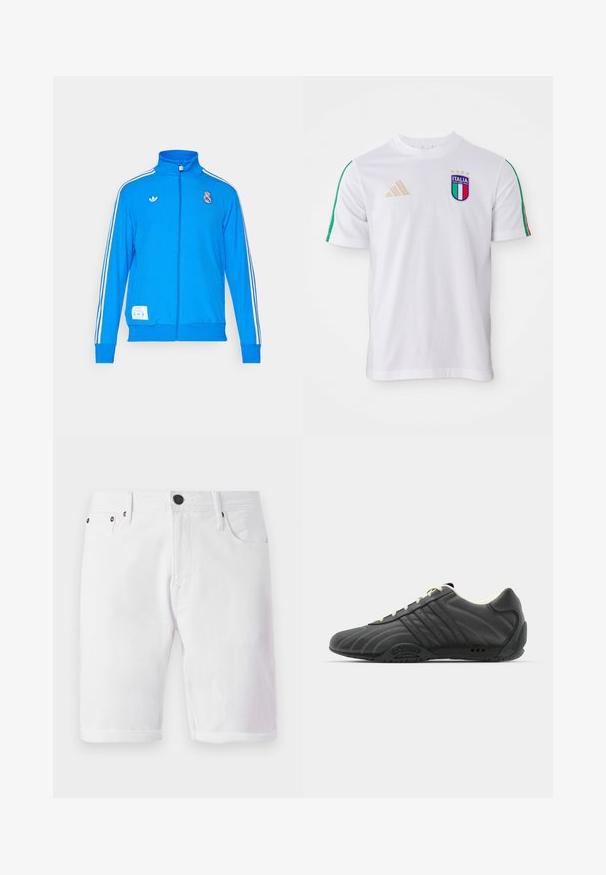 adidas Originals REAL MADRID ICON TRACK TOP - Kluba apģērbs - bluebird/white; Balts futbols krekls ar zaļām un sarkanām plecu svītrām, ar daudzkrāsainu Itālijas ģerboni un zelta adidas logo. Īsās piedurknes, apaļa kakla izgriezums.; Baltie denima šorti ar pogu aizdari, piecu kabatu dizainu un sarullētu apakšmalu. Gluda tekstūra ar metāla akcentiem uz kabatām.; adidas Originals ADIRACER UNISEX - Sporta apavi - core black/cream white