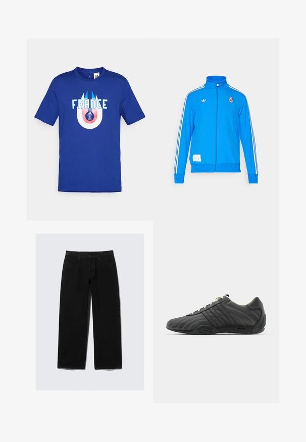 adidas Originals REAL MADRID ICON TRACK TOP - Equipación de clubes - bluebird/white; Camiseta de algodón azul con la palabra "FRANCIA" en blanco y un gráfico circular debajo que muestra un balón de fútbol y un logo en rojo y azul.; Pantalones vaqueros de pierna ancha negros, hechos de denim. Presentan un diseño clásico de cinco bolsillos, con cierre de botón y cremallera, y costuras reforzadas.; adidas Originals ADIRACER UNISEX - Zapatillas - core black/cream white
